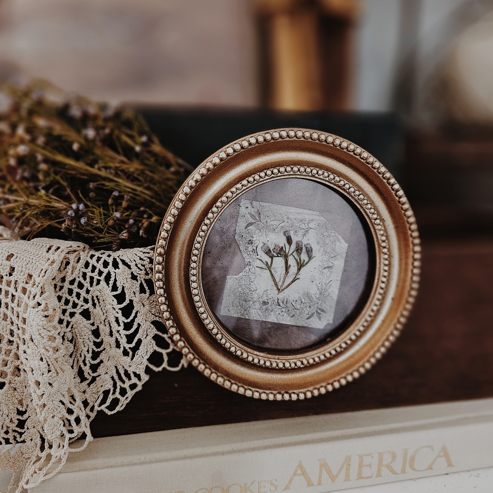 Round Gold Beaded Frame With Handmade Flower Pressed & Distressed Art
